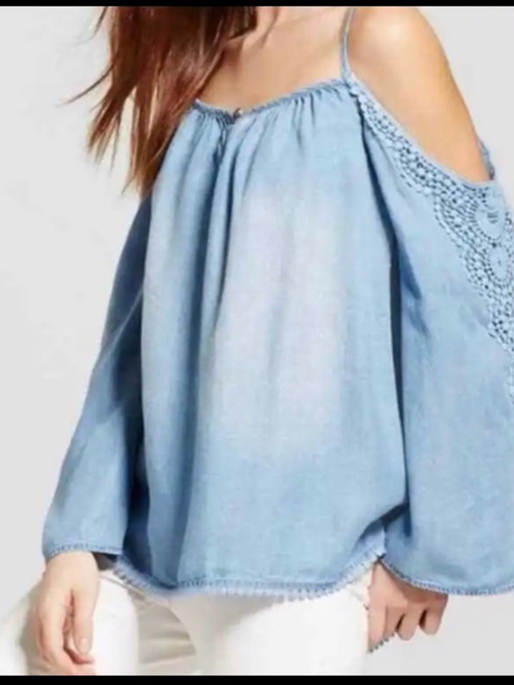 NEW Knox Rose Chambray Blue Cold-Shoulder Embroidered Boho Blouse XXL